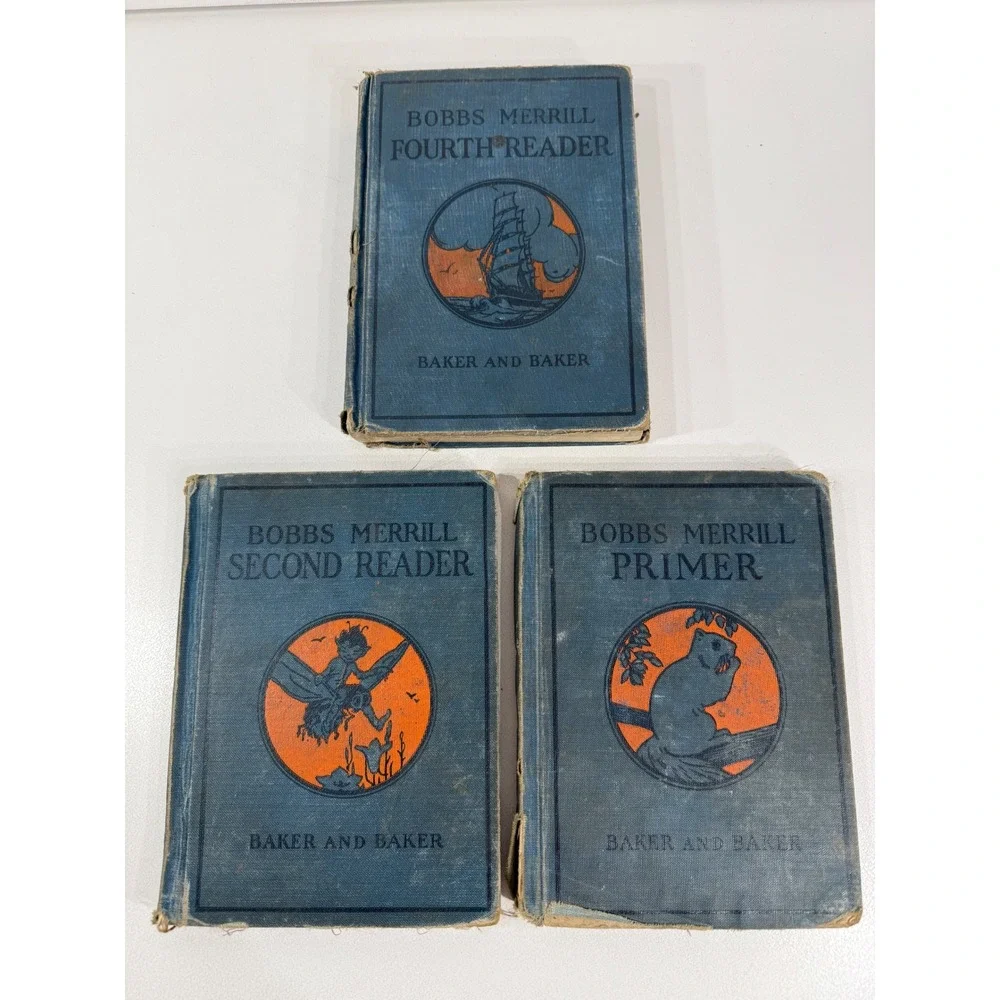 Vintage 1920s Bobbs-Merrill Readers Set Primer Second Fourth Baker School Books